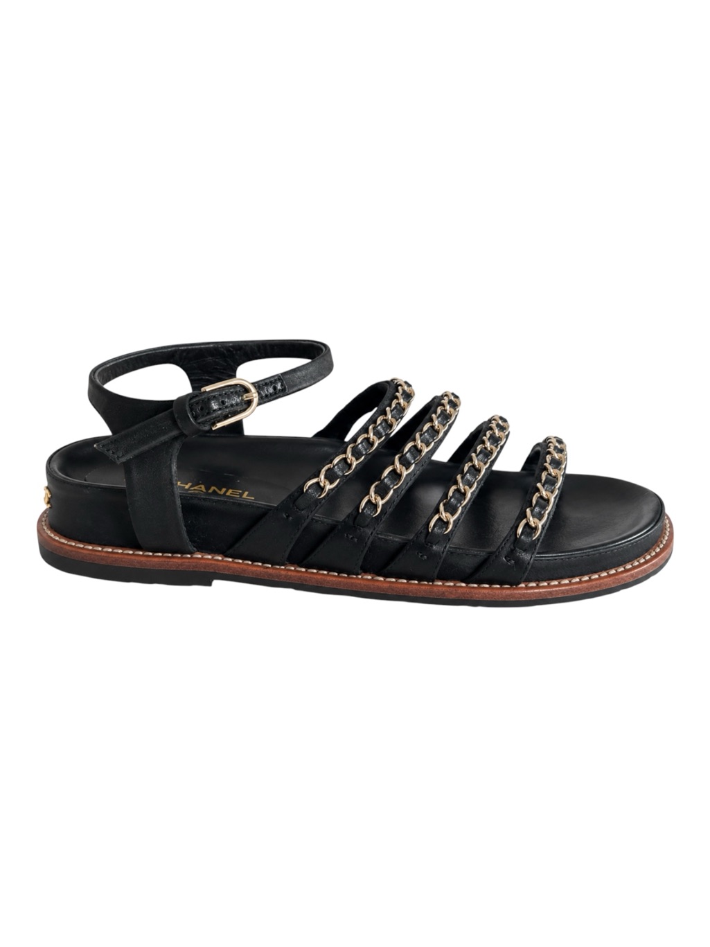 Chanel Black Leather Chain-Strap Flat Sandals